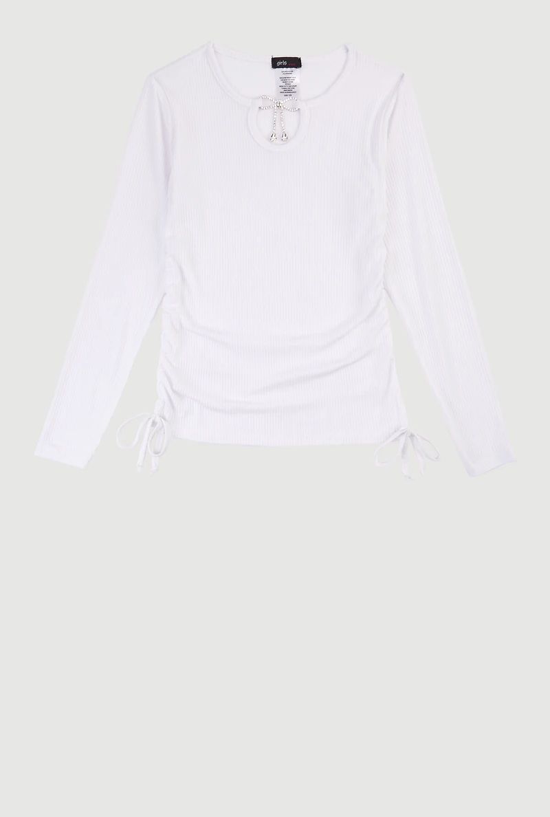 Girls Rhinestone Bow Keyhole Detail Ribbed Knit Tee