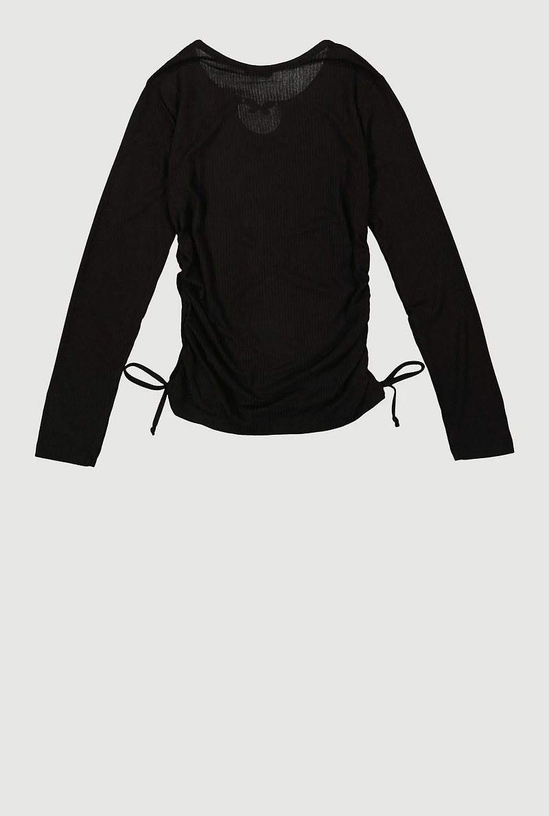 Girls Rhinestone Butterfly Keyhole Detail Ribbed Knit Tee