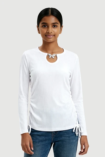 Girls Rhinestone Butterfly Keyhole Detail Ribbed Knit Tee