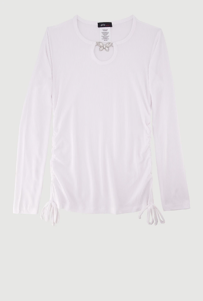 Girls Rhinestone Butterfly Keyhole Detail Ribbed Knit Tee, White, Size 7-8