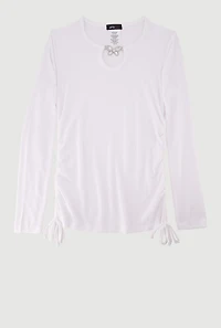 Girls Rhinestone Butterfly Keyhole Detail Ribbed Knit Tee, White, Size 7-8