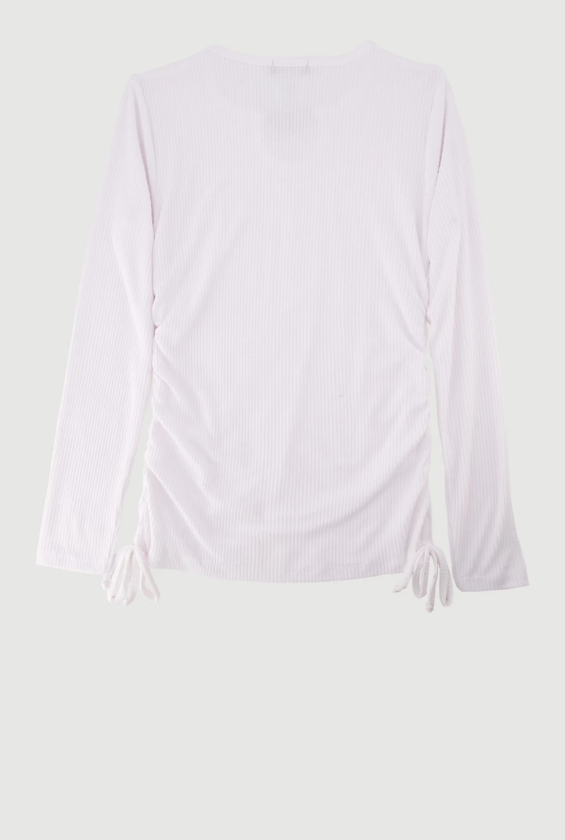 Girls Rhinestone Butterfly Keyhole Detail Ribbed Knit Tee, White, Size 7-8