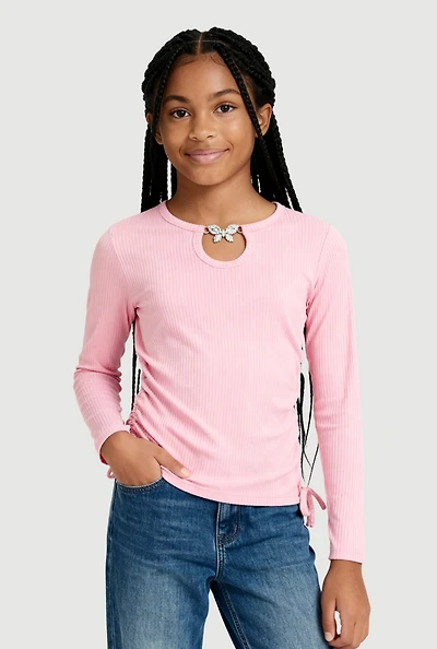 Girls Rhinestone Butterfly Keyhole Detail Ribbed Knit Tee
