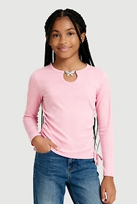 Girls Rhinestone Butterfly Keyhole Detail Ribbed Knit Tee