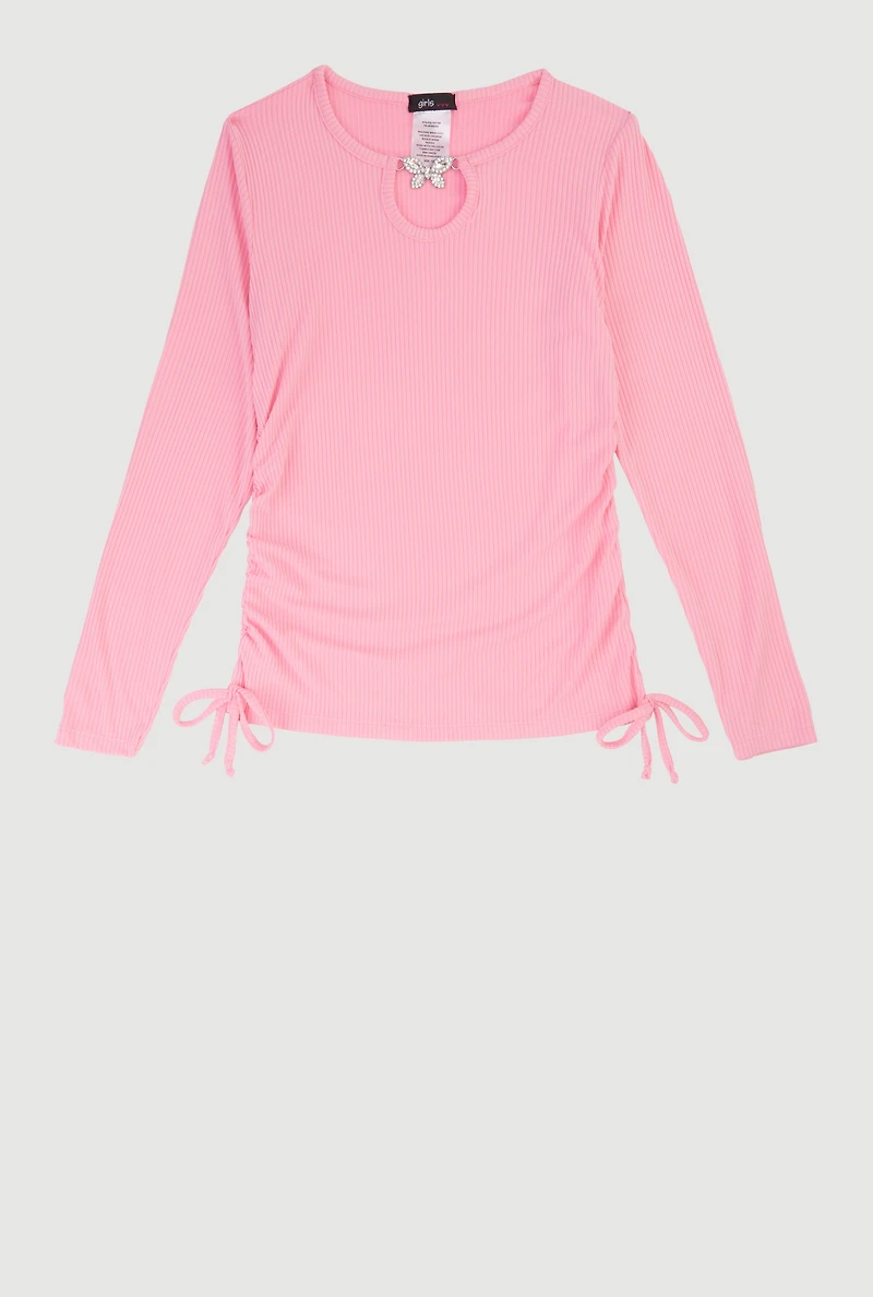 Girls Rhinestone Butterfly Keyhole Detail Ribbed Knit Tee