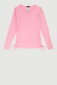 Girls Rhinestone Butterfly Keyhole Detail Ribbed Knit Tee