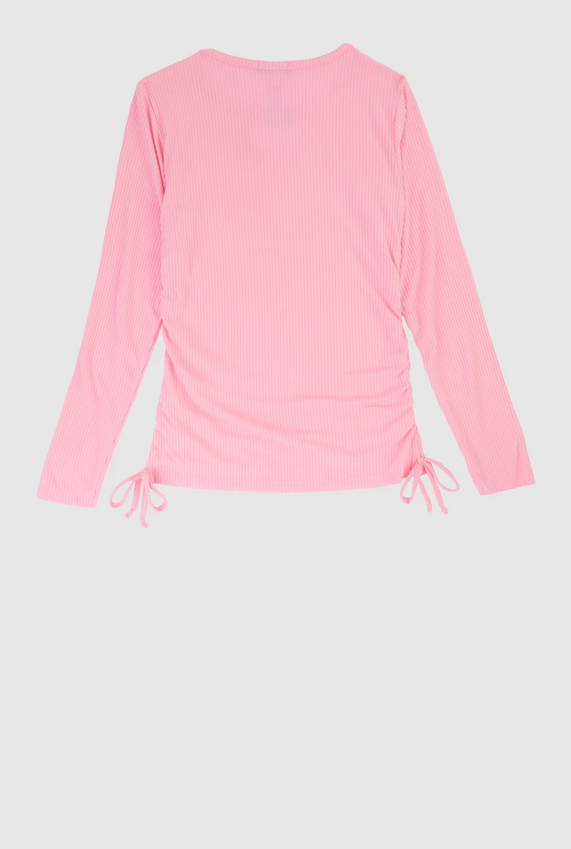 Girls Rhinestone Butterfly Keyhole Detail Ribbed Knit Tee