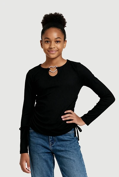 Girls Rhinestone Heart Keyhole Ruched Side Long Sleeve Top, Black, Size 10-12