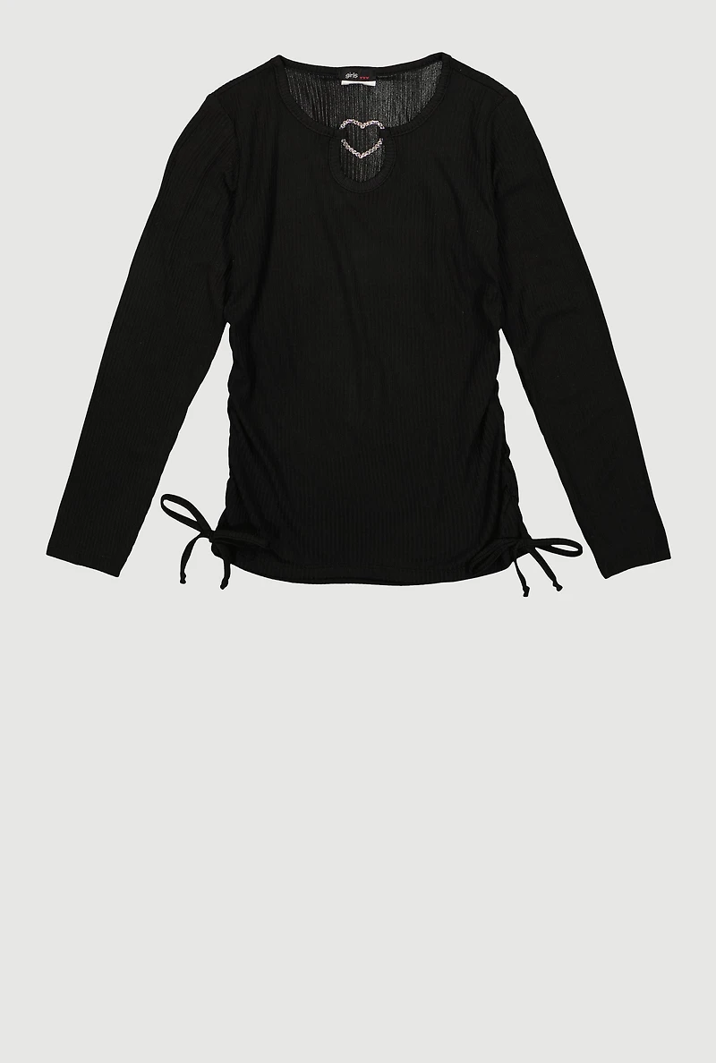 Girls Rhinestone Heart Keyhole Ruched Side Long Sleeve Top, Black, Size 10-12