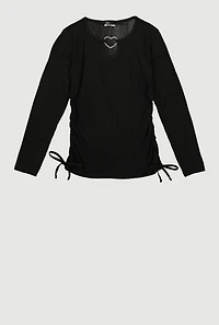 Girls Rhinestone Heart Keyhole Ruched Side Long Sleeve Top