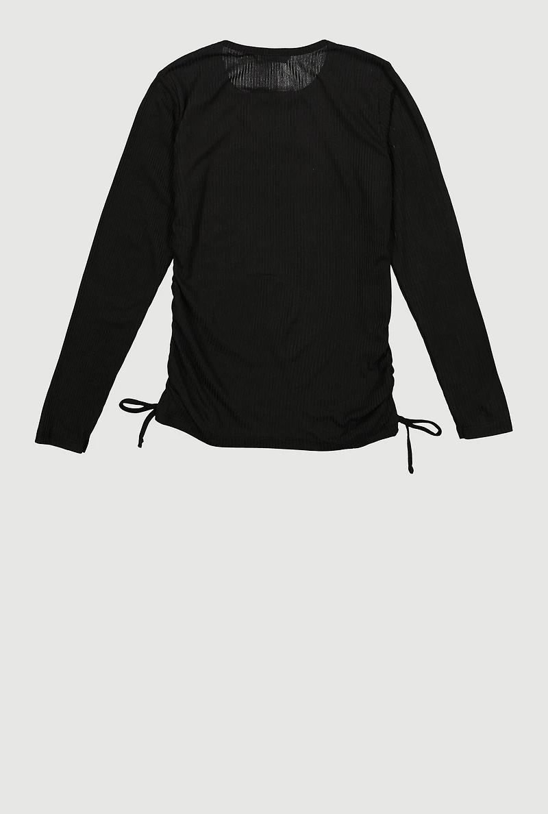 Girls Rhinestone Heart Keyhole Ruched Side Long Sleeve Top, Black, Size 10-12