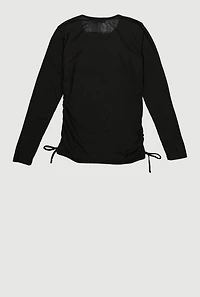 Girls Rhinestone Heart Keyhole Ruched Side Long Sleeve Top, Black, Size 10-12