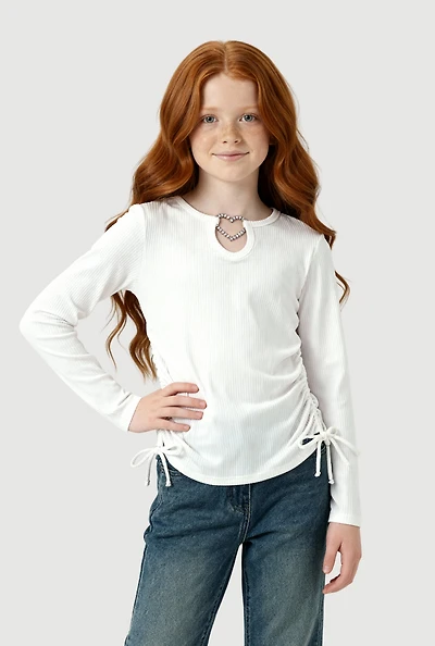 Girls Rhinestone Heart Keyhole Ruched Side Long Sleeve Top
