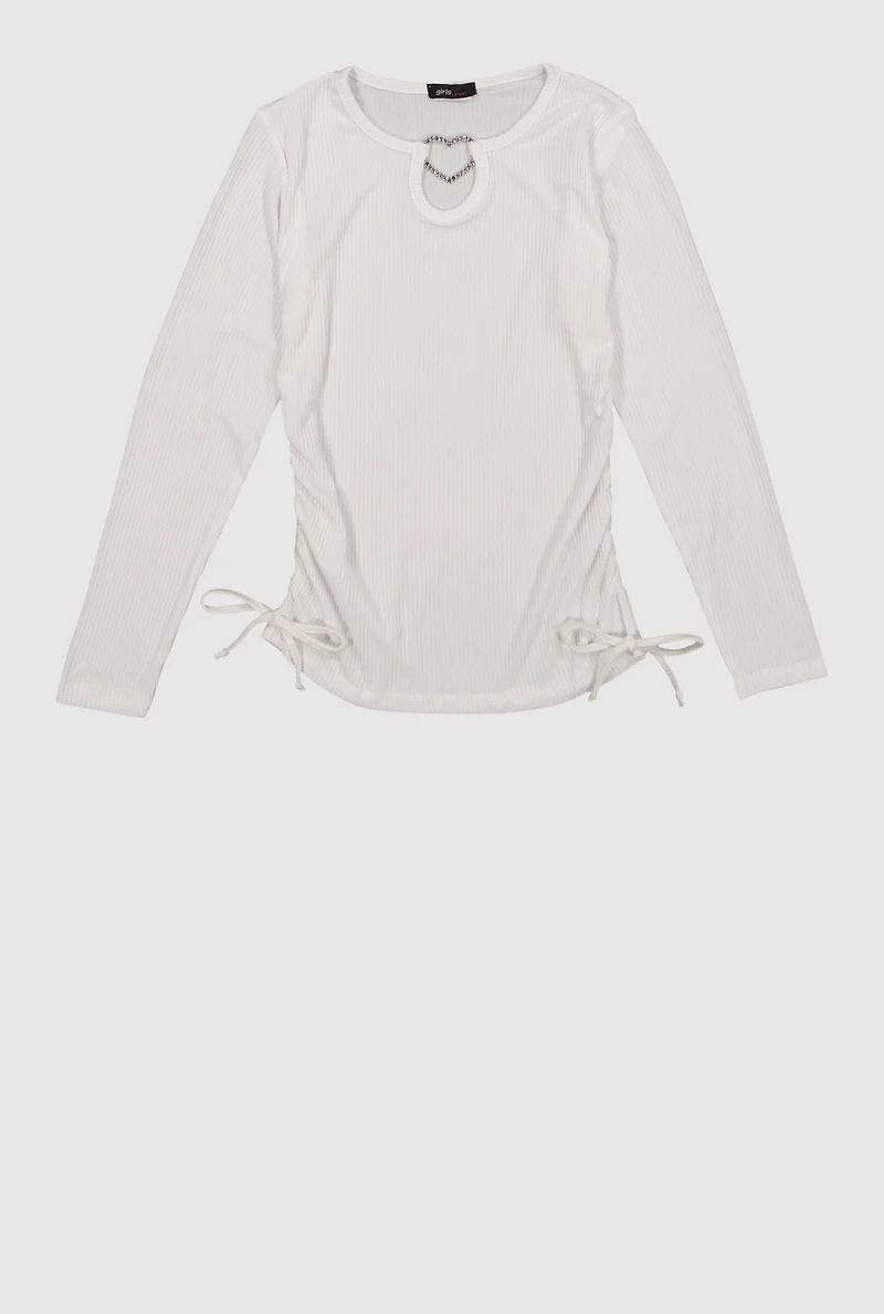 Girls Rhinestone Heart Keyhole Ruched Side Long Sleeve Top