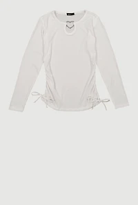 Girls Rhinestone Heart Keyhole Ruched Side Long Sleeve Top