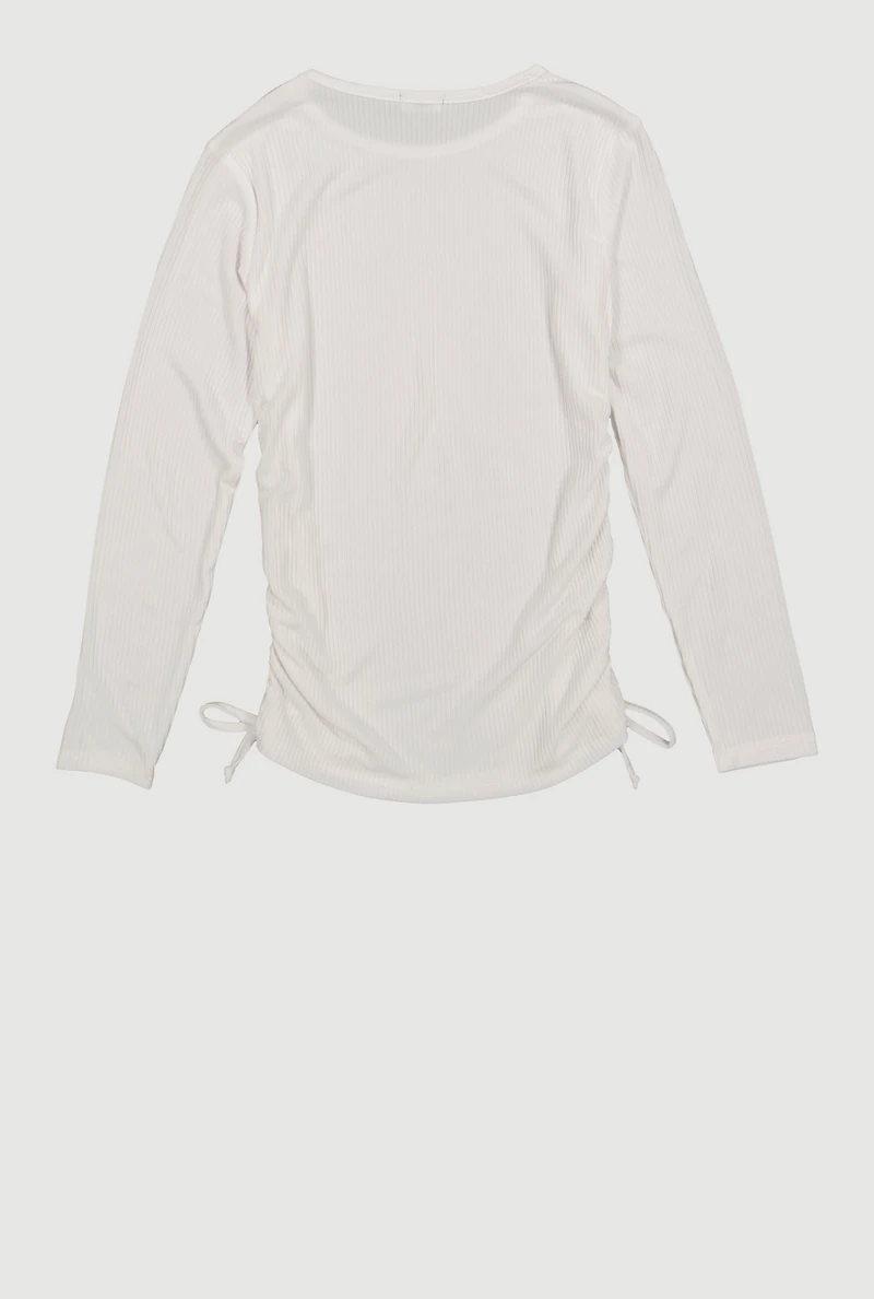 Girls Rhinestone Heart Keyhole Ruched Side Long Sleeve Top