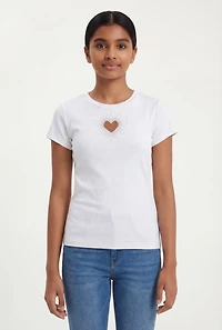 Girls Rhinestone Heart Keyhole Short Sleeve Crew Neck Top