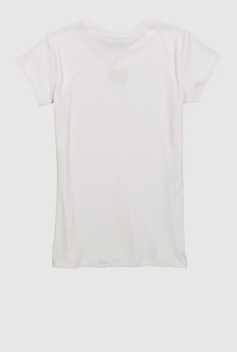 Girls Rhinestone Heart Keyhole Short Sleeve Crew Neck Top