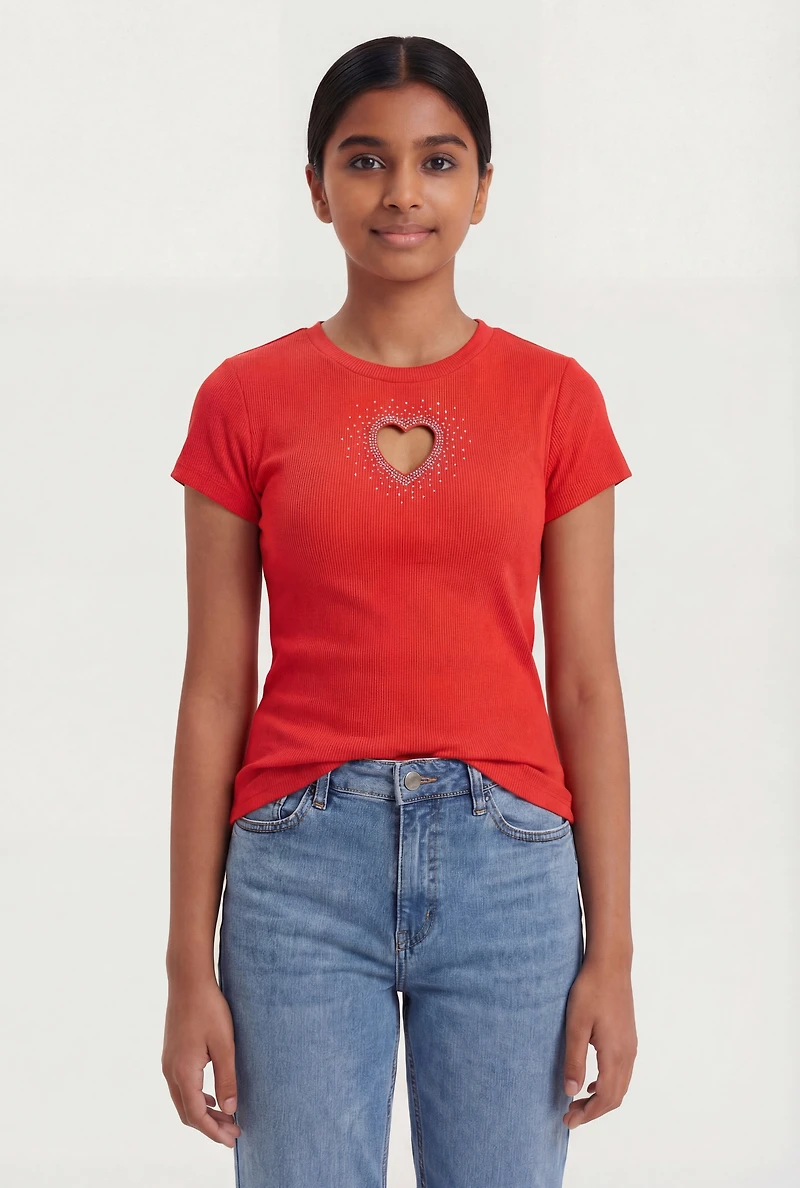 Girls Rhinestone Heart Keyhole Short Sleeve Crew Neck Top