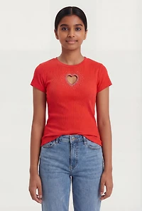 Girls Rhinestone Heart Keyhole Short Sleeve Crew Neck Top