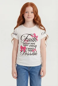Girls Faith Bow Graphic Side Ruched Tee