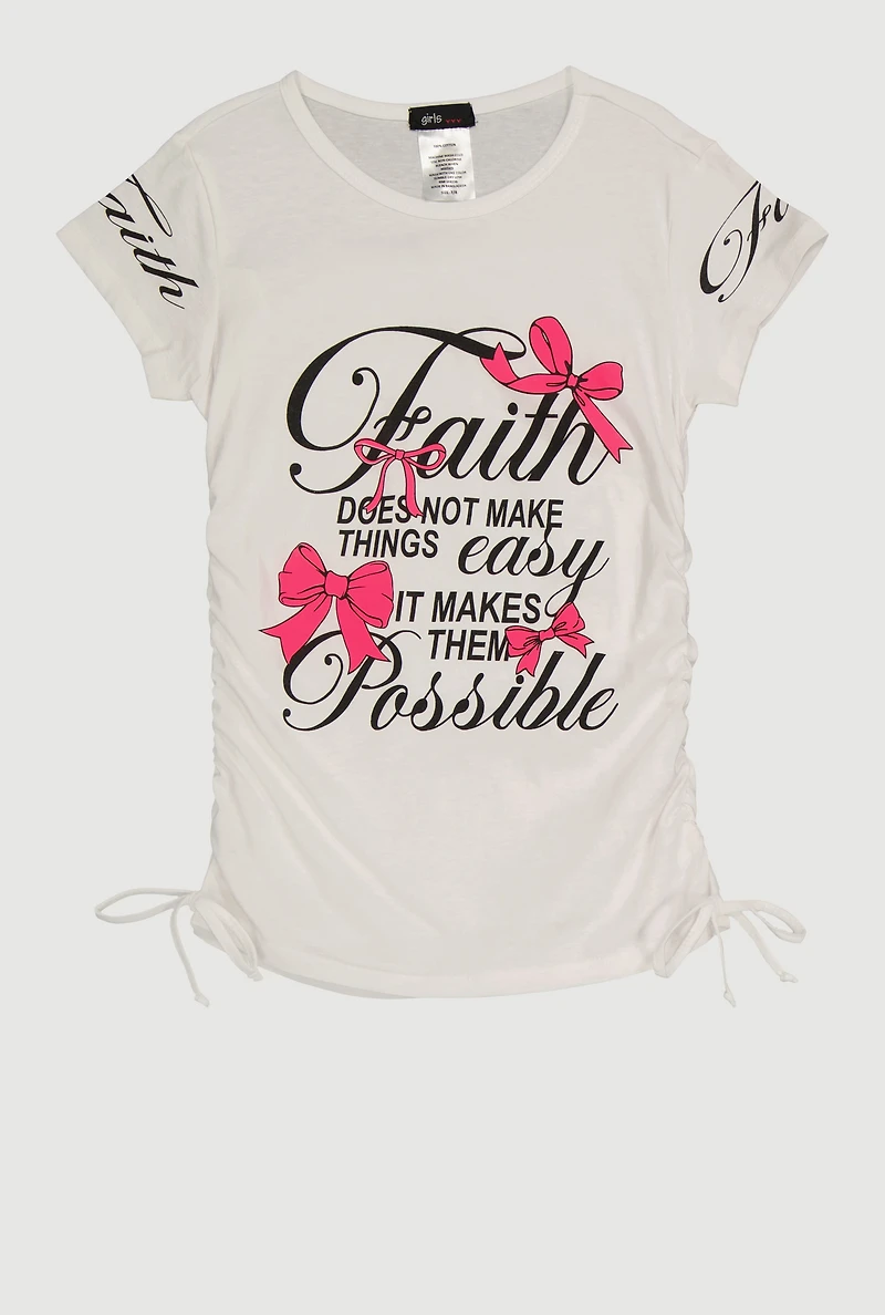 Girls Faith Bow Graphic Side Ruched Tee