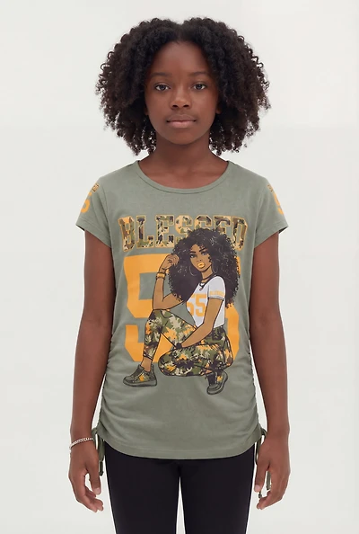 Girls Blessed 55 Graphic Side Ruched Tee