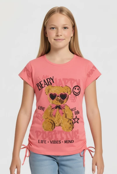 Girls I Am Beary Happy Ruched Side Graphic Tee