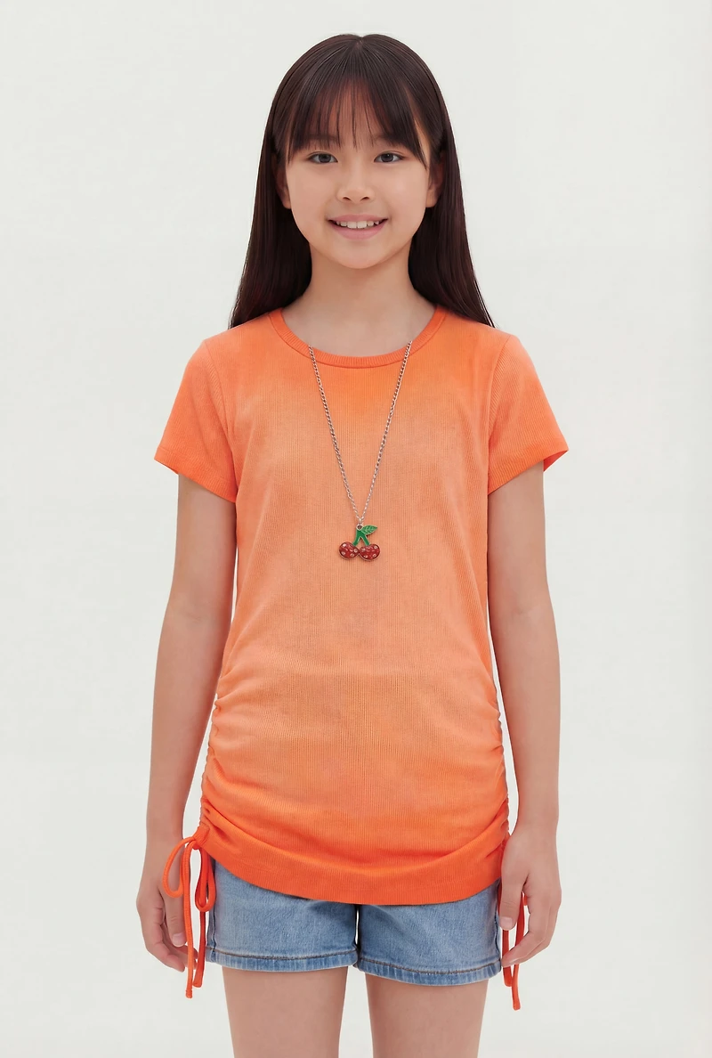 Girls Ribbed Knit Ruched Top with Cherry Necklace