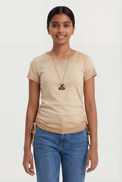 Girls Ribbed Knit Ruched Top with Cherry Necklace
