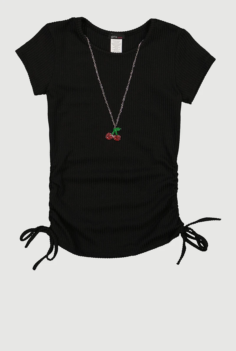 Girls Rib Knit Ruched Side Tee with Removable Cherry Necklace