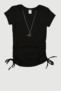 Girls Rib Knit Ruched Side Tee with Removable Cherry Necklace