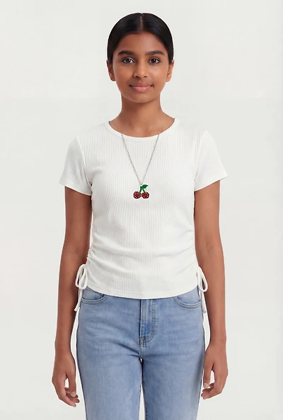 Girls Rib Knit Ruched Side Tee with Removable Cherry Necklace