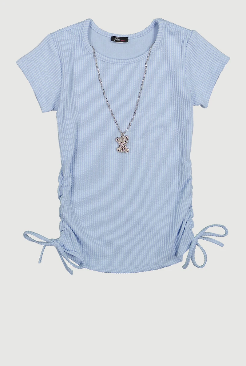 Girls Rib Knit Ruched Side Tee with Removable Bear Necklace