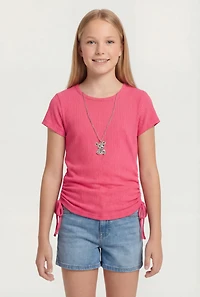 Girls Rib Knit Ruched Side Tee with Removable Bear Necklace