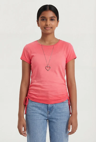 Girls Ribbed Knit Ruched Top with Rhinestone Heart Necklace