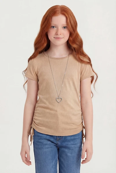 Girls Ribbed Knit Ruched Top with Rhinestone Heart Necklace