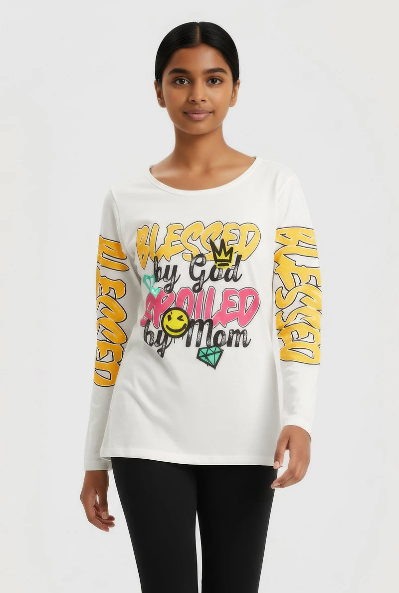 Girls Blessed By God Spoiled Mom Long Sleeve Graphic Tee, White,