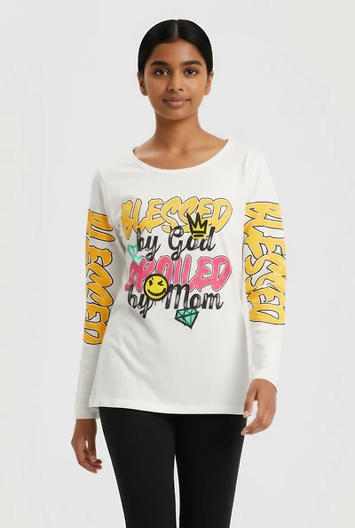 Girls Blessed By God Spoiled Mom Long Sleeve Graphic Tee, White,