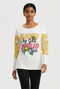 Girls Blessed By God Spoiled Mom Long Sleeve Graphic Tee, White,