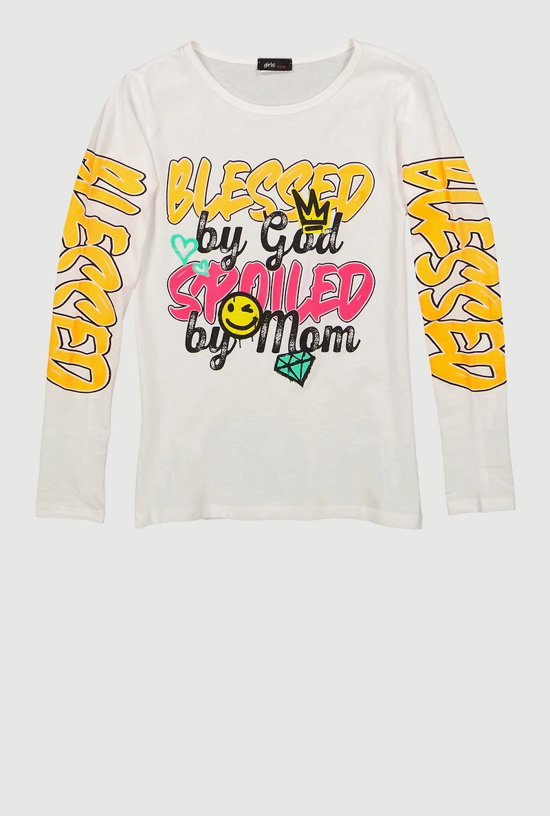 Girls Blessed By God Spoiled Mom Long Sleeve Graphic Tee, White,