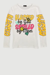 Girls Blessed By God Spoiled Mom Long Sleeve Graphic Tee, White,