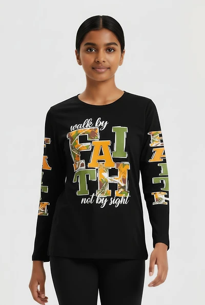 Girls Walk By Faith Not By Sight Graphic Long Sleeve Tee, Black, Size 10-12