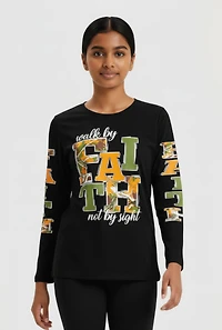 Girls Walk By Faith Not By Sight Graphic Long Sleeve Tee, Black, Size 10-12