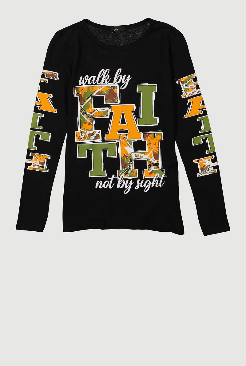 Girls Walk By Faith Not By Sight Graphic Long Sleeve Tee, Black, Size 10-12