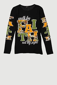 Girls Walk By Faith Not By Sight Graphic Long Sleeve Tee, Black, Size 10-12