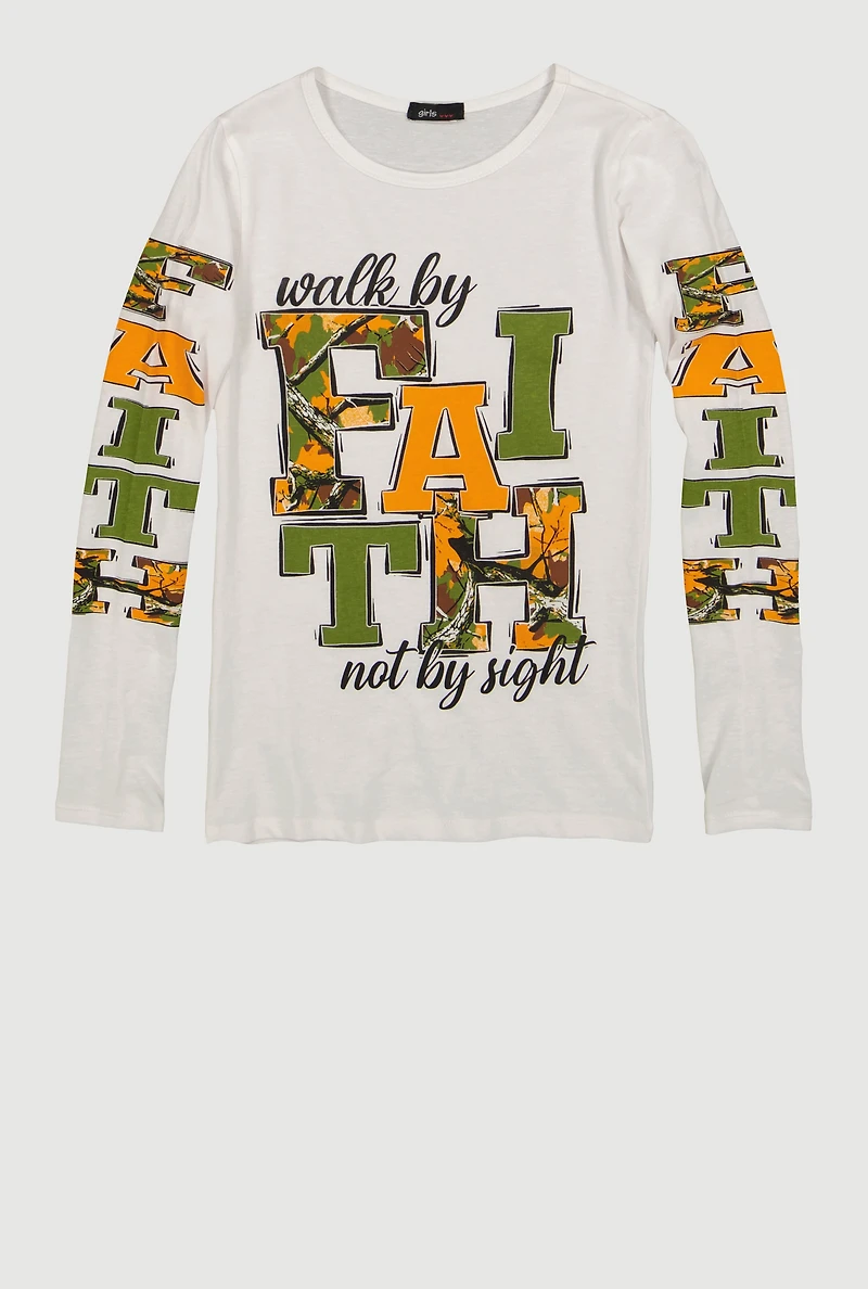 Girls Walk By Faith Not Sight Graphic Long Sleeve Tee