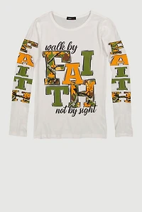 Girls Walk By Faith Not Sight Graphic Long Sleeve Tee