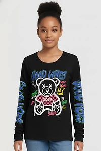 Girls Good Vibes Teddy Graphic Long Sleeve Crew Neck Tee, 7-8