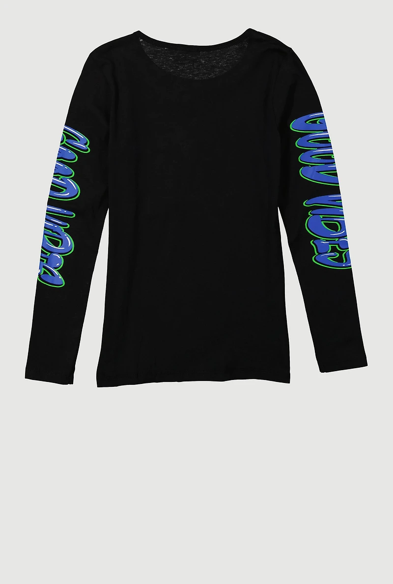 Girls Good Vibes Teddy Graphic Long Sleeve Crew Neck Tee, 7-8